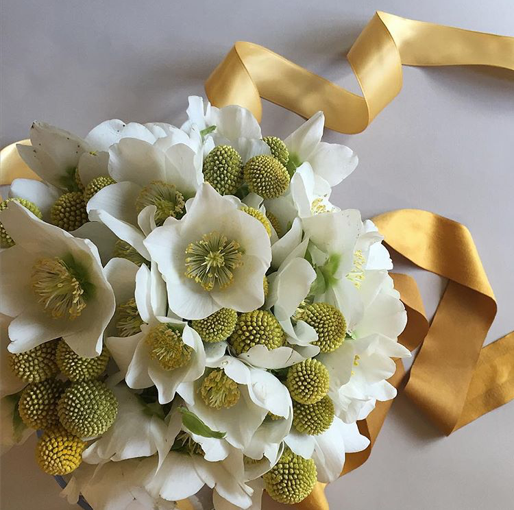 A white floral arrangement with gold ribbon by Robbie Honey
