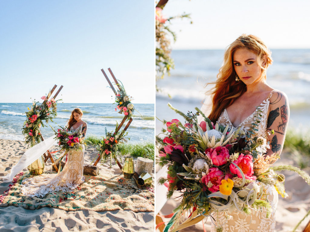 A bride holding flowers by Jenn Ederer at a beach photoshoot