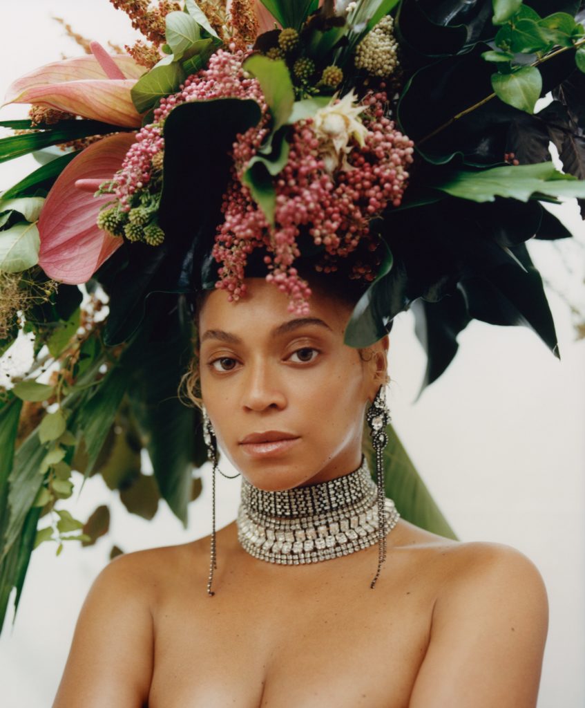 Beyoncé wearing a floral headdress by Phil John Perry
