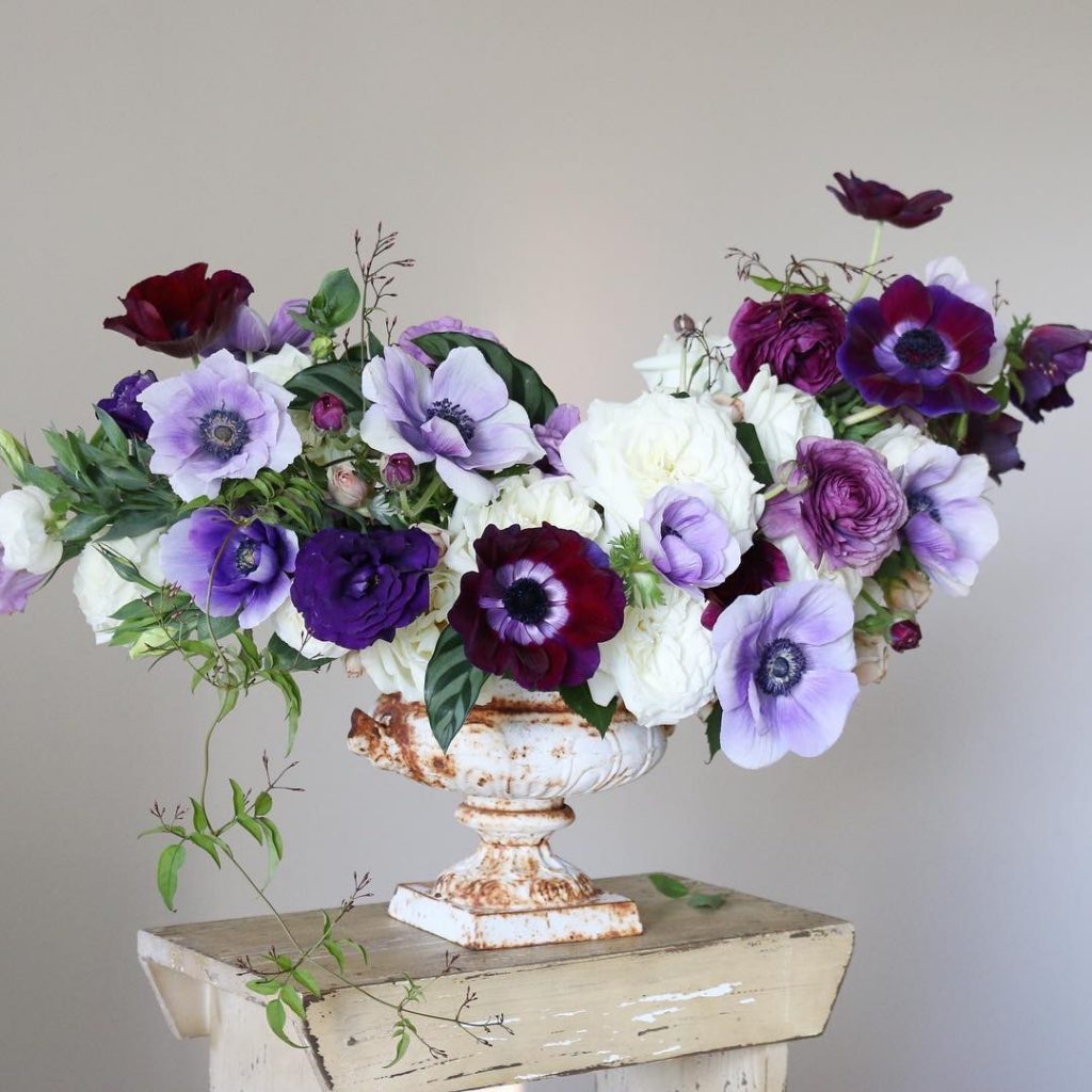 Purple flowers in a compote flower arrangement by Alicia Schwede