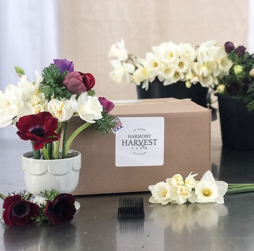The Happy Box of flowers on a stainless steel table next to a small red and white flower display