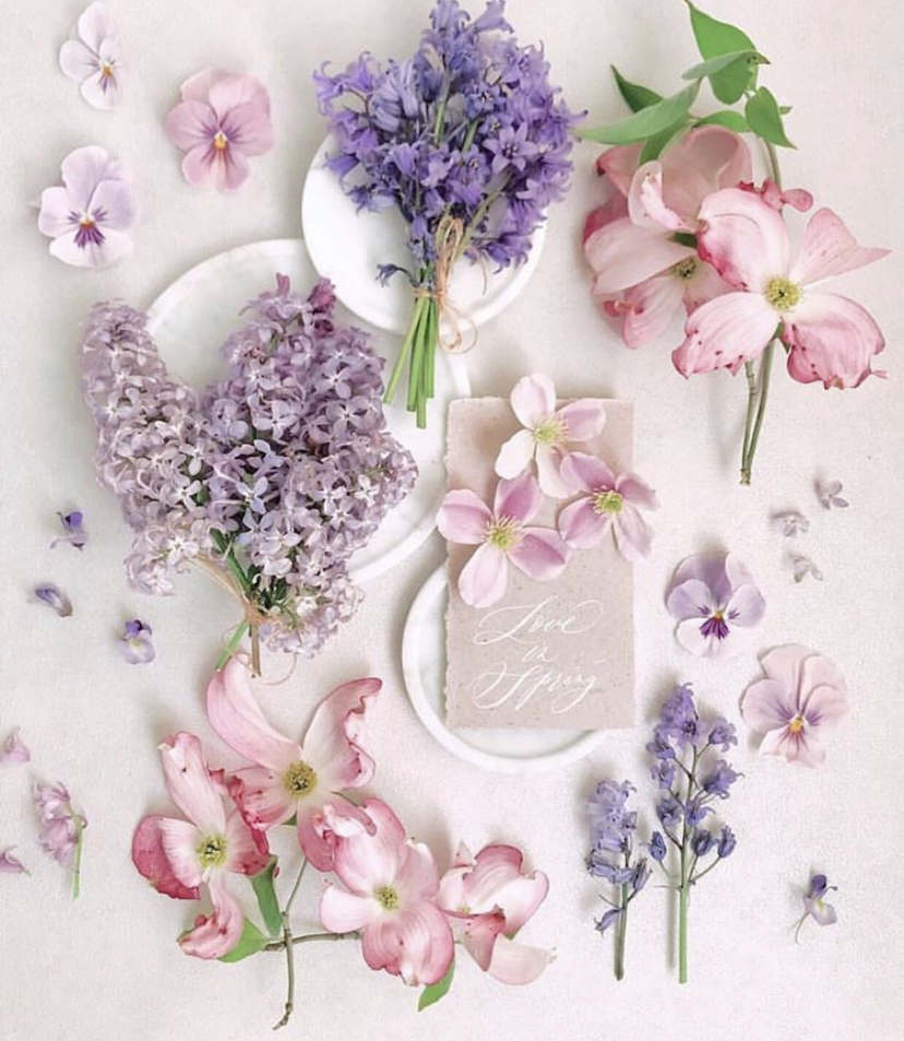 Lavendar hyacinth and pink dogwood laying on a neutral background as part of a styles flatlay with ceramic plates and a calligraphy note about spring