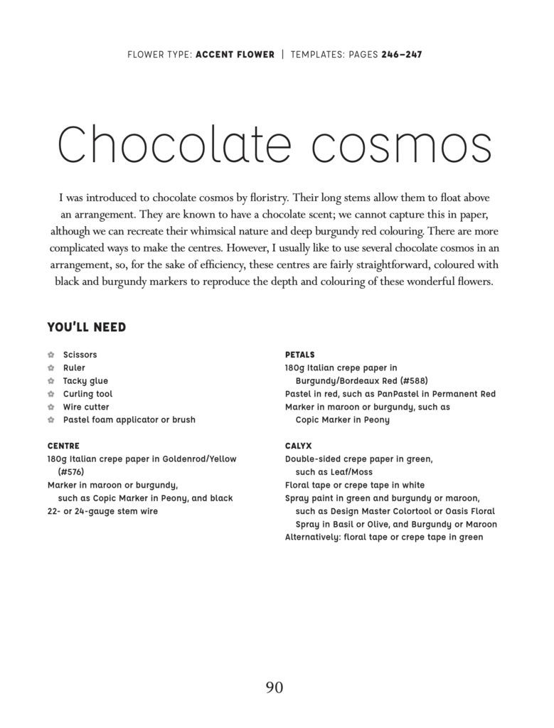 Ingredients list for how to make a chocolate cosmos paper flower