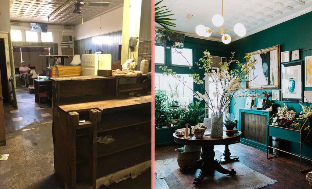 Before and after renovation images of the She Loves Me flower shop