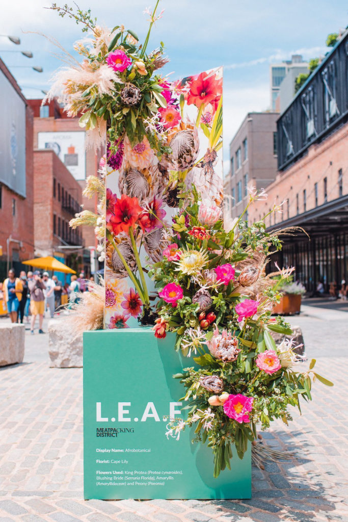 Pink and green floral display by Cape Lily in the street at the Meat Packing District NYC