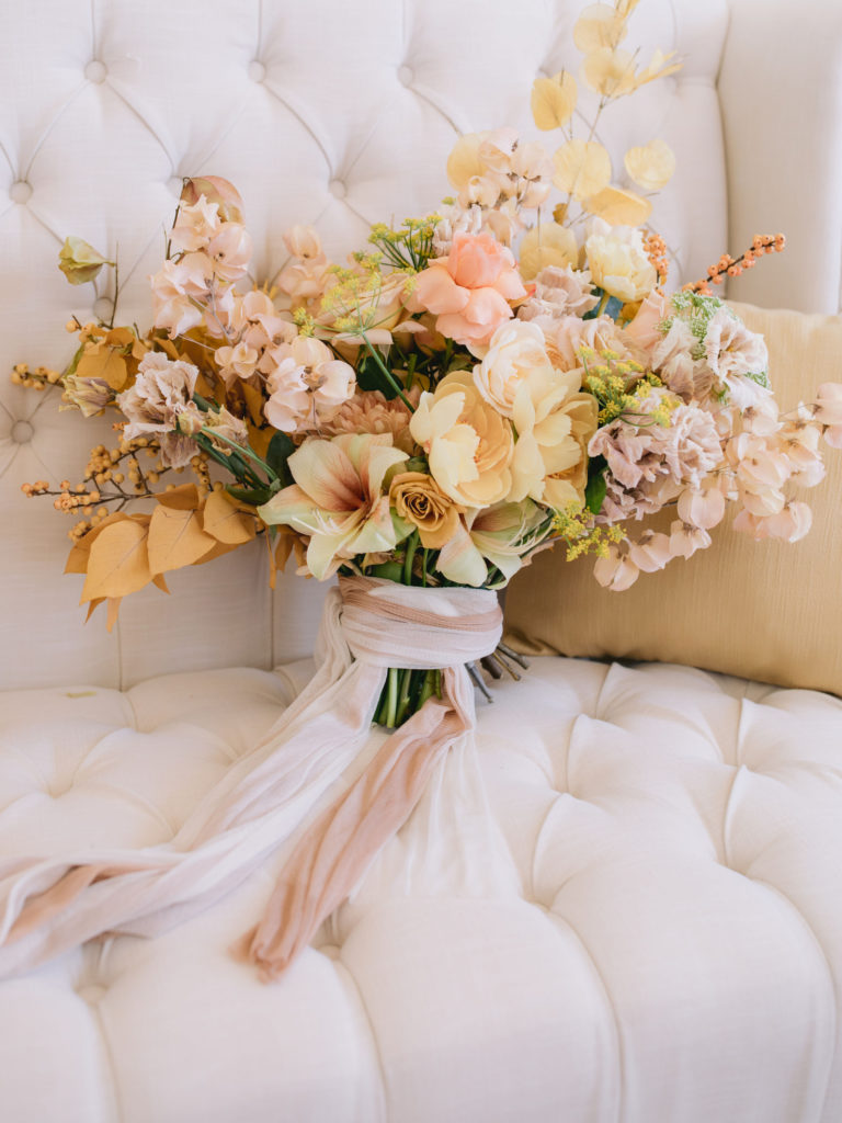 pale yellow and golden-toned bridal bouquet designed by Le Bloomeri
