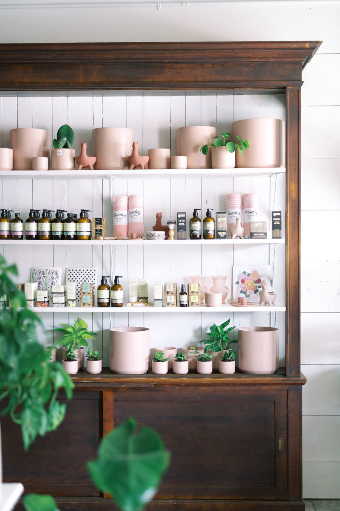 A wooden cabinet holds pale pink pottery, plants, and home goods in the Living Fresh Home Goods & Flower Shop in St. Jacobs