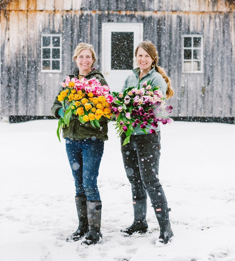 The owners of The Tulip workshop, a floral resource for farmers, standing in the snow holding armloads of tulips