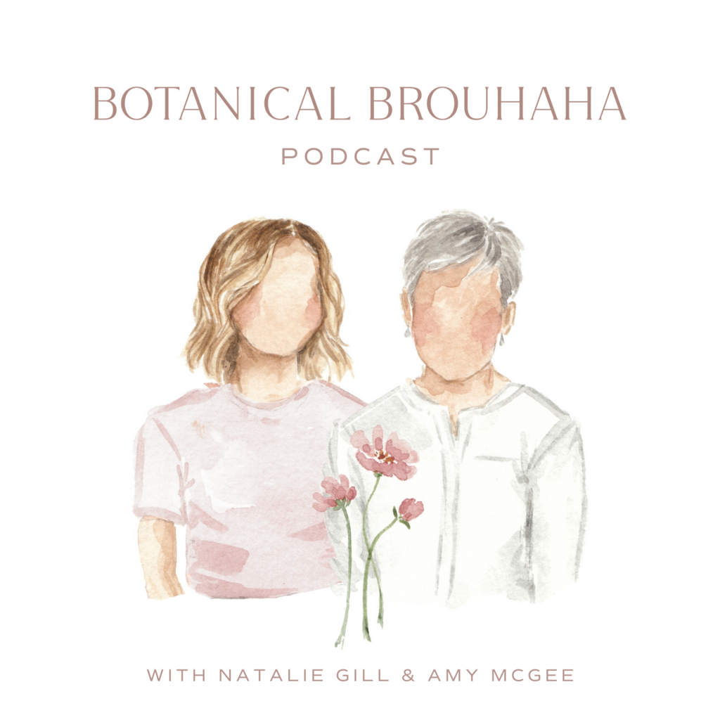 Watercolor drawing of Amy McGee and Natalie Gill, co-hosts of the Botanical Brouhaha Podcast