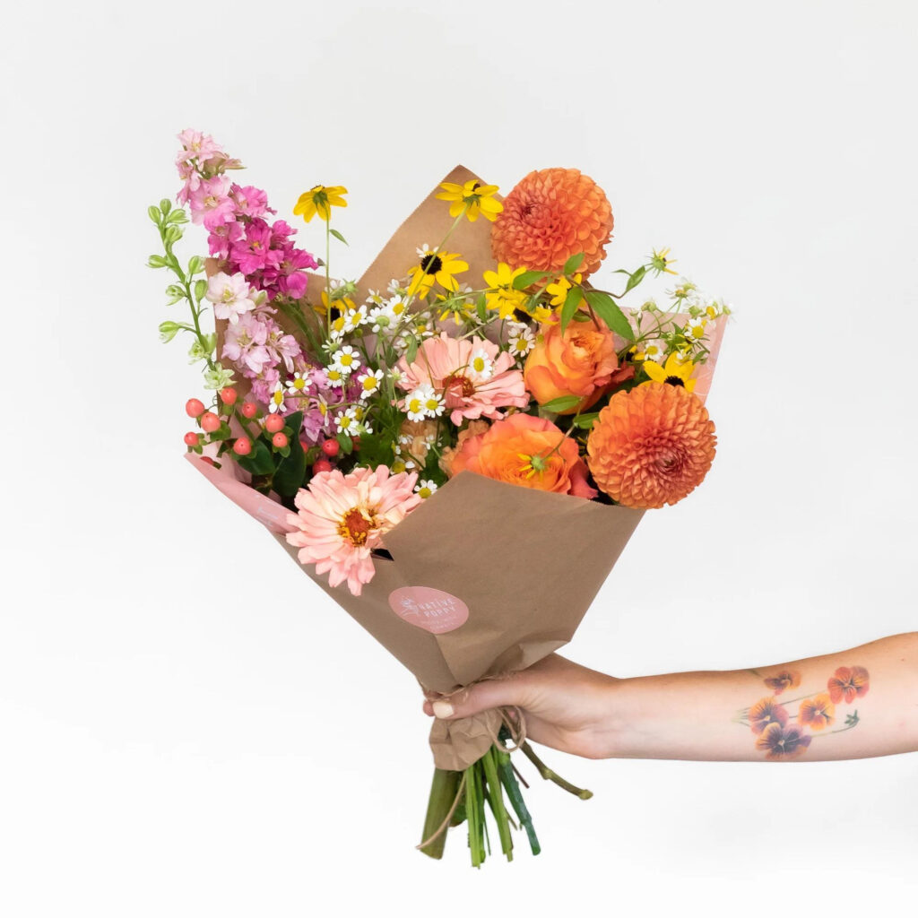 A hand tied bouquet from Native Poppy co-owner Natalie who answers floral questions from podcast listeners