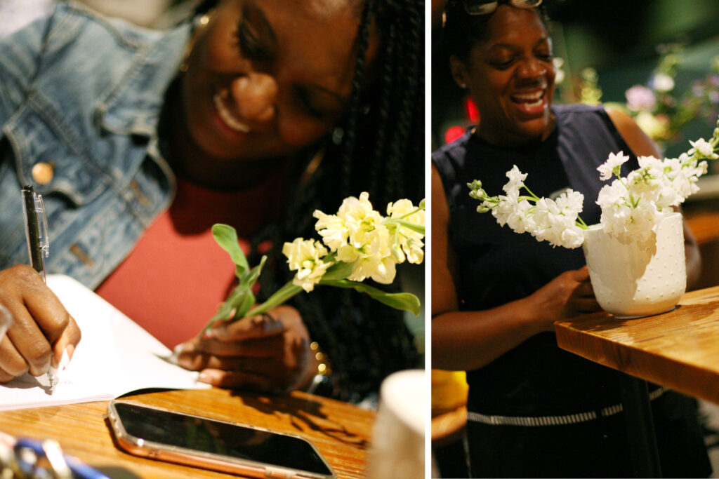 Students learning to arrange flowers at a Contend for Peace Floral Design workshop for cancer survivors